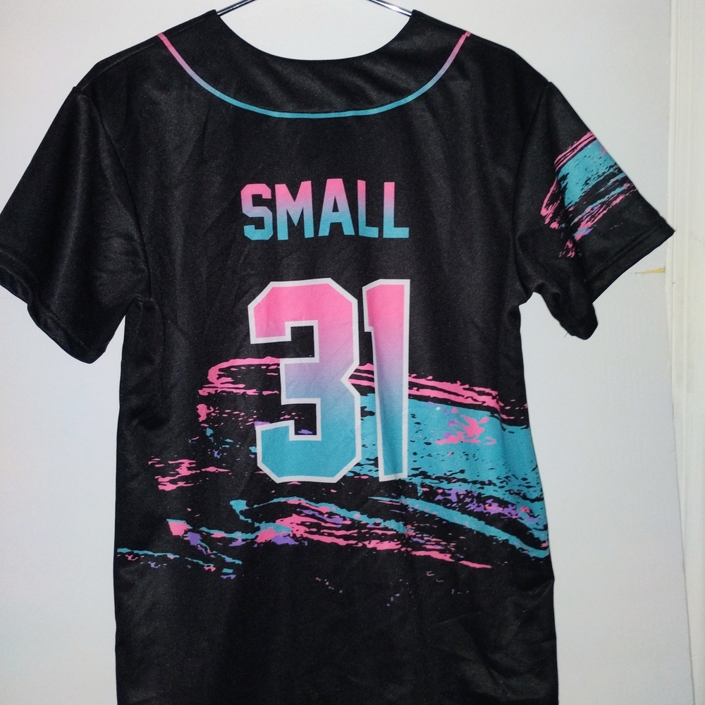 Black Graphic Baseball Jersey with Teal & Pink Accents - Picture 2 of 6